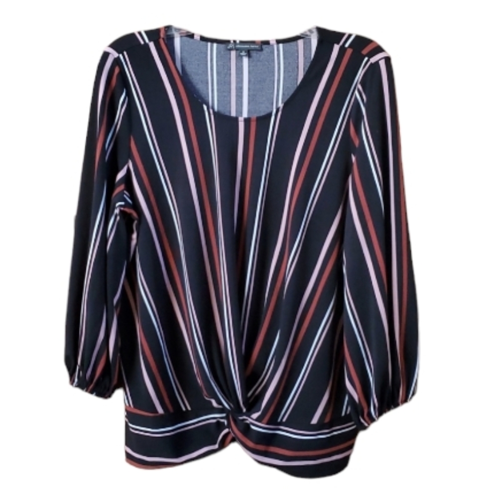 Adrianna Papell Womans Striped Twist Front Black Blouse Size Medium